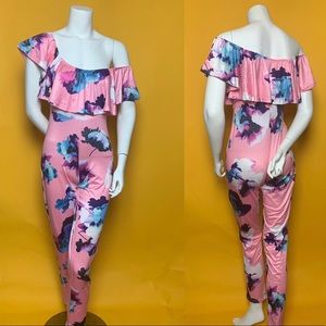 Floral Stretchy Jumpsuit w/ Ruffles